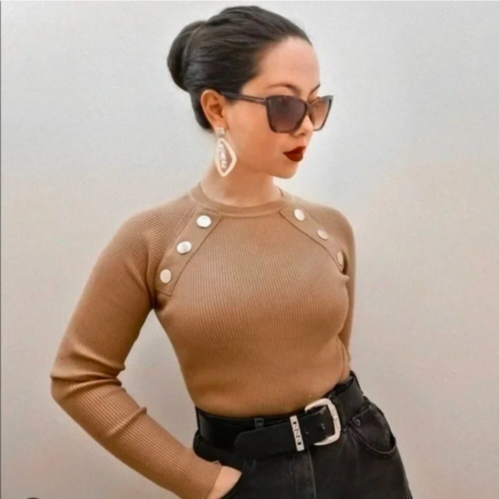 Zara Tan Gold Button Puff Sleeve Sweater S